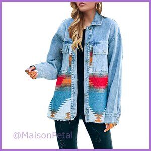 Vintage Aztec Denim Jacket Distressed Lapel Long Sleeve Button Down Shacket